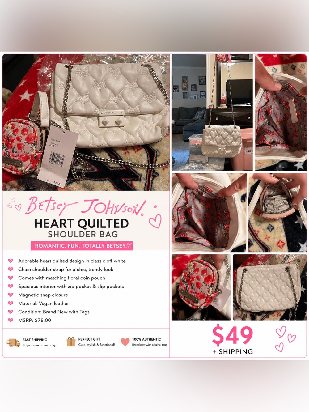 Betsey Johnson Off-White Heart Quilted Shoulder Bag with Chain Strap